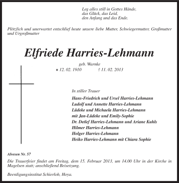 Traueranzeige von Elfriede Harries-Lehmann von KRZ