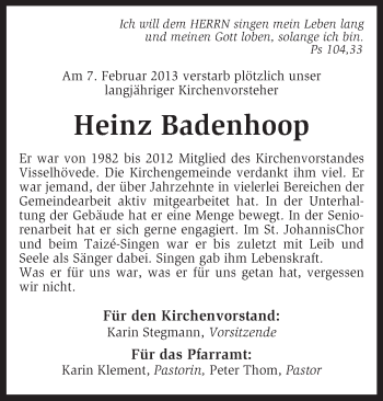 Traueranzeige von Heinz Badenhoop von KRZ