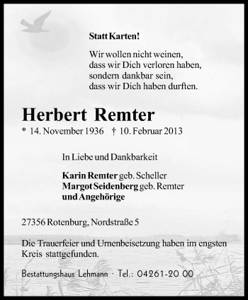 Traueranzeige von Herbert Remter von KRZ