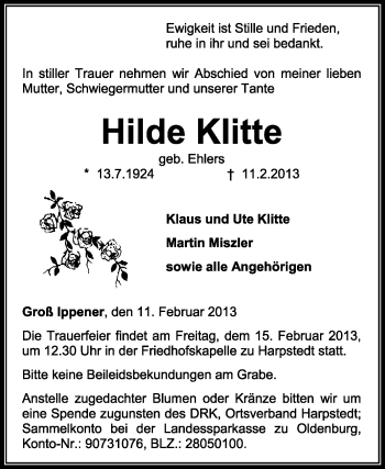 Traueranzeige von Hilde Klitte von KRZ