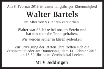 Traueranzeige von Walter Bartels von KRZ