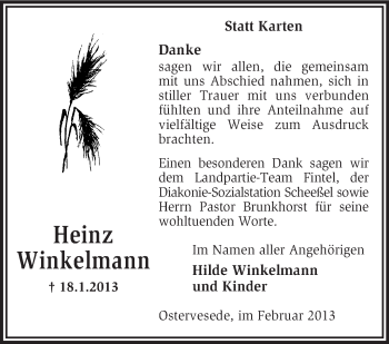 Traueranzeige von Heinz Winkelmann von KRZ