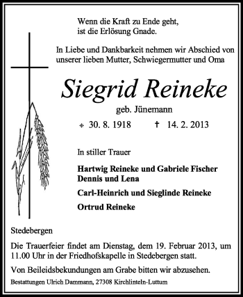 Traueranzeige von Siegrid Reineke von KRZ