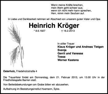 Traueranzeige von Heinrich Kröger von KRZ