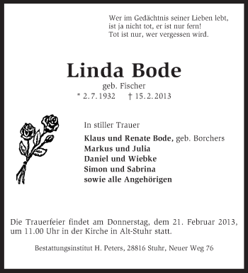 Traueranzeige von Linda Bode von KRZ