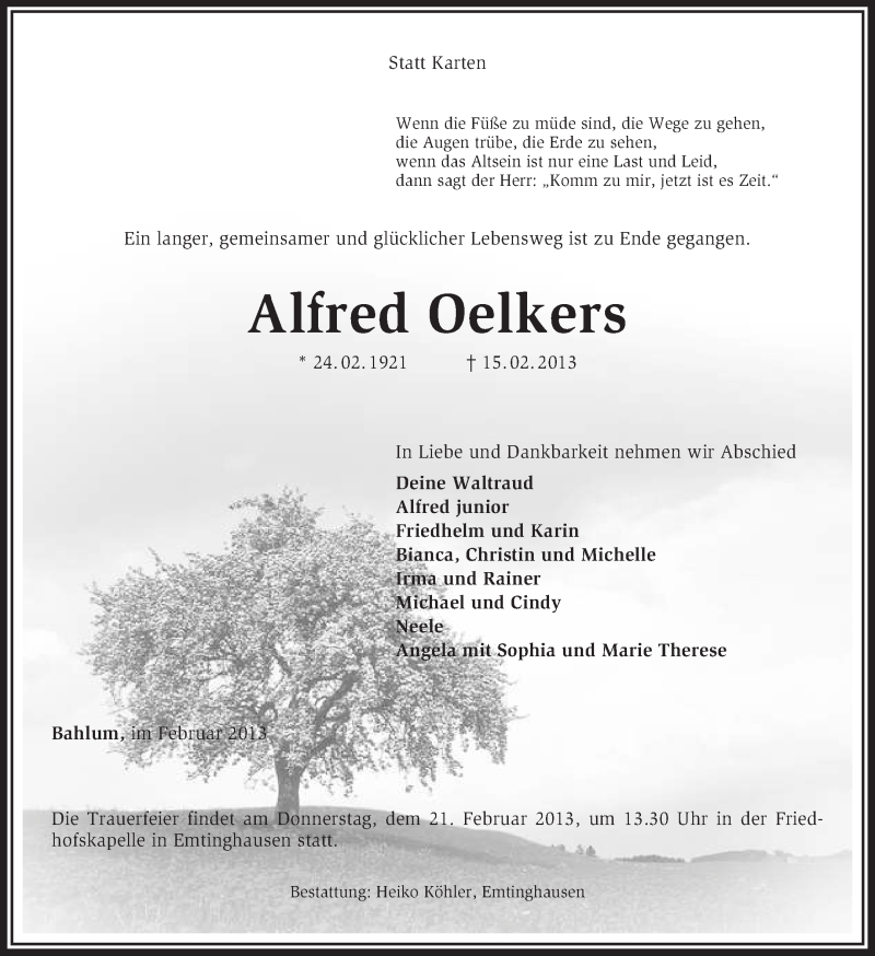  Traueranzeige für Alfred Oelkers vom 18.02.2013 aus KRZ