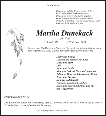 Traueranzeige von Martha Dunekack von KRZ