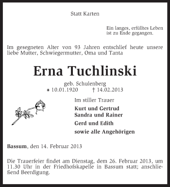 Traueranzeige von Erna Tuchlinski von KRZ