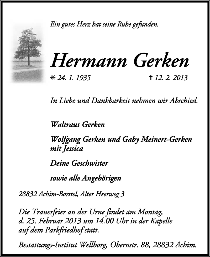  Traueranzeige für Hermann Gerken vom 20.02.2013 aus KRZ