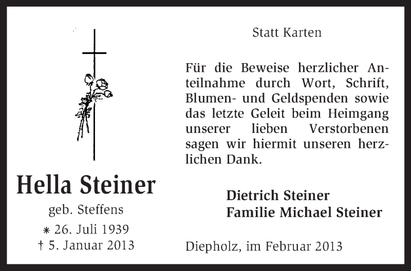  Traueranzeige für Hella Steiner vom 19.02.2013 aus KRZ