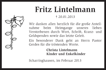 Traueranzeige von Fritz Lintelmann von KRZ