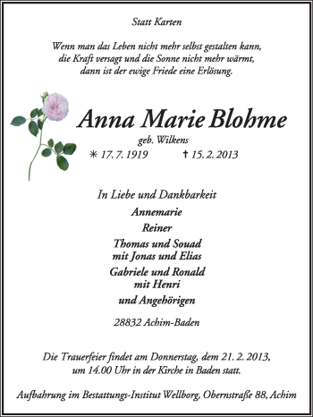 Traueranzeige von Anna Marie Blohme von KRZ