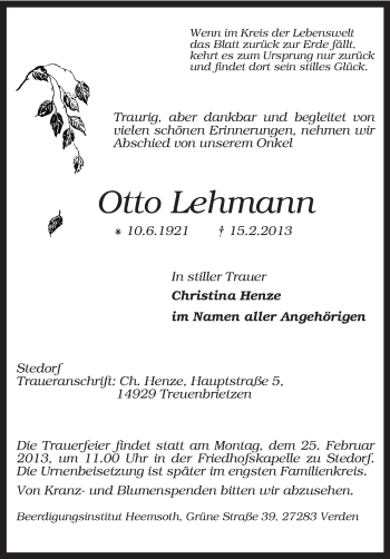 Traueranzeige von Otto Lehmann von KRZ