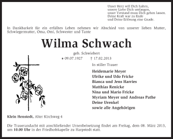 Traueranzeige von Wilma Schwach von KRZ