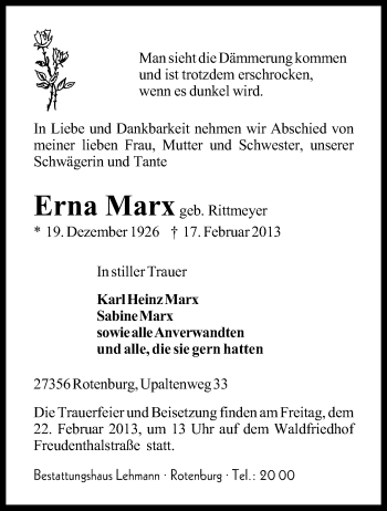 Traueranzeige von Erna Marx von KRZ