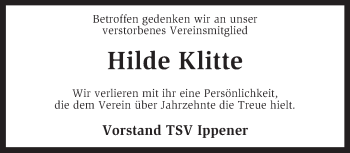 Traueranzeige von Hilde Klitte von KRZ