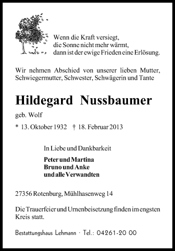 Traueranzeige von Hildegard Nussbaumer von KRZ