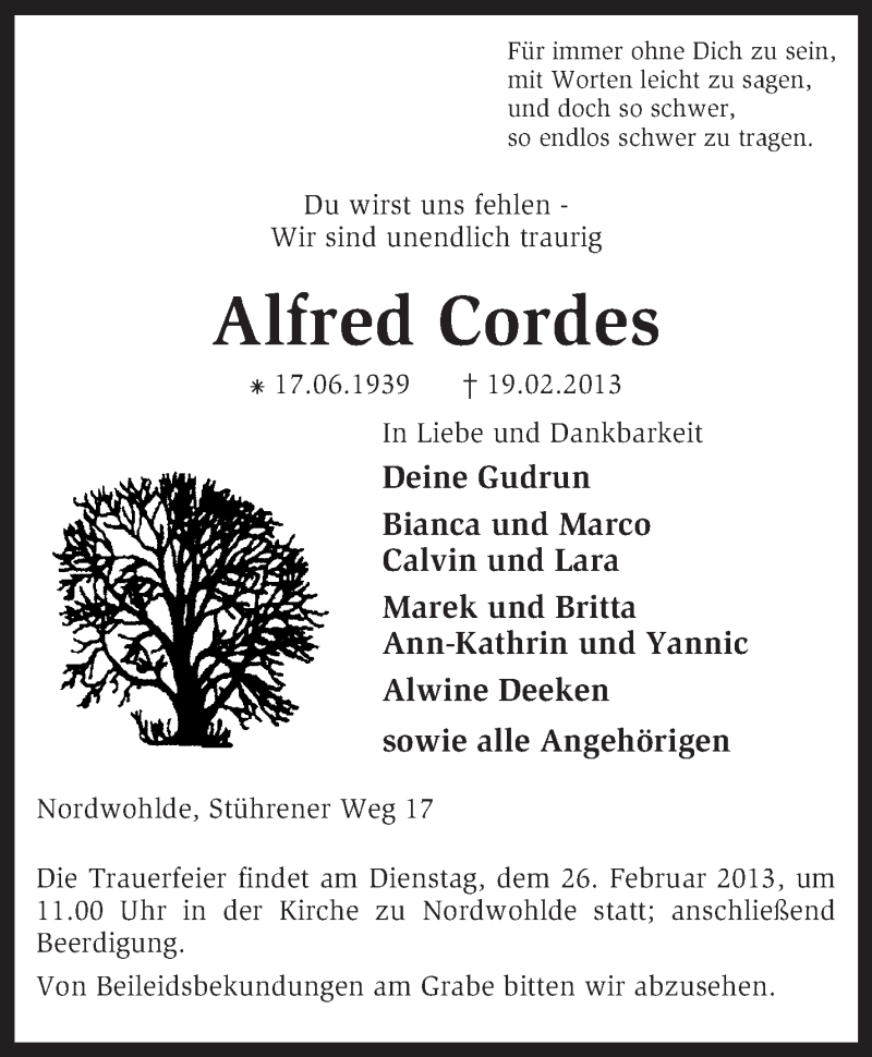  Traueranzeige für Alfred Cordes vom 21.02.2013 aus KRZ