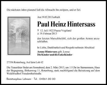 Traueranzeige von Paul Heinz Hintersass von KRZ
