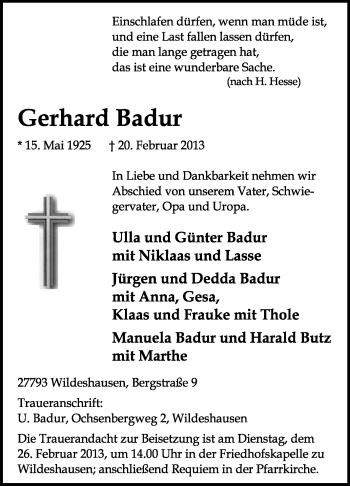 Traueranzeige von Gerhard Badur von KRZ