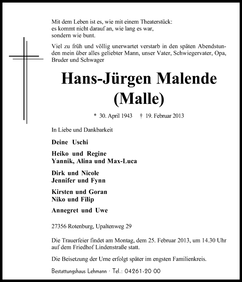  Traueranzeige für Hans-Jürgen Malende vom 22.02.2013 aus KRZ