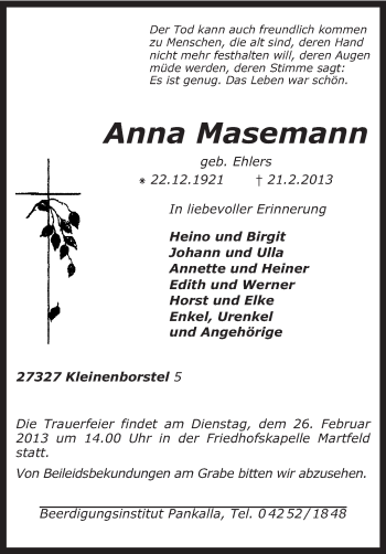 Traueranzeige von Anna Masemann von KRZ