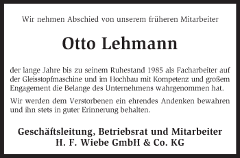 Traueranzeige von Otto Lehmann von KRZ