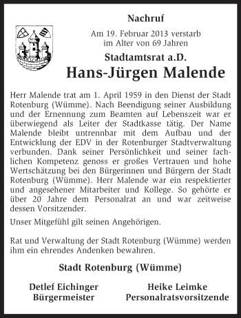 Traueranzeige von Hans-Jürgen Malende von KRZ
