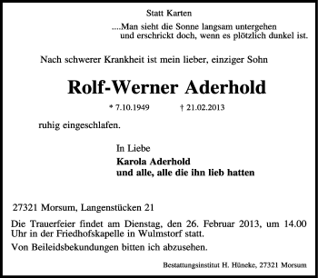 Traueranzeige von Rolf-Werner Aderhold von KRZ