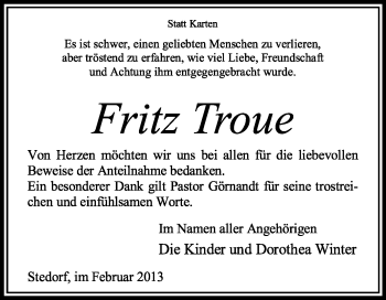 Traueranzeige von Fritz Troue von KRZ