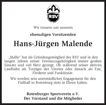 Traueranzeige von Hans-Jürgen Malende von KRZ