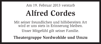 Traueranzeige von Alfred Cordes von KRZ