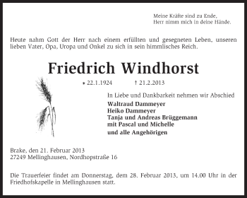 Traueranzeige von Friedrich Windhorst von KRZ