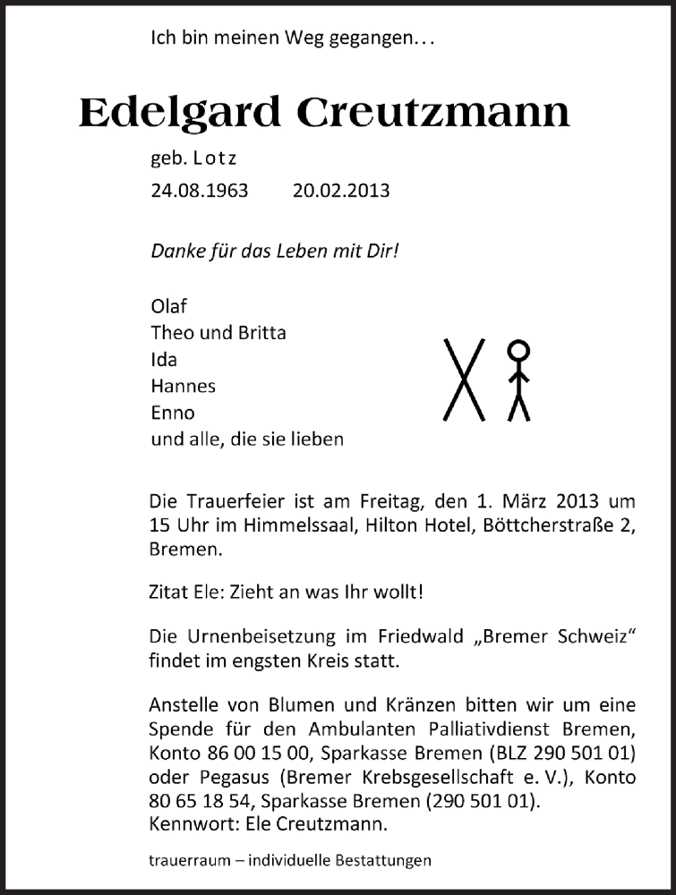  Traueranzeige für Edelgard Creutzmann vom 23.02.2013 aus KRZ