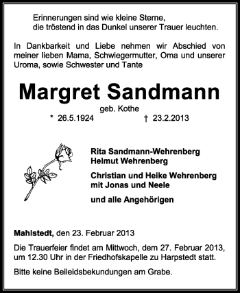 Traueranzeige von Margret Sandmann von KRZ