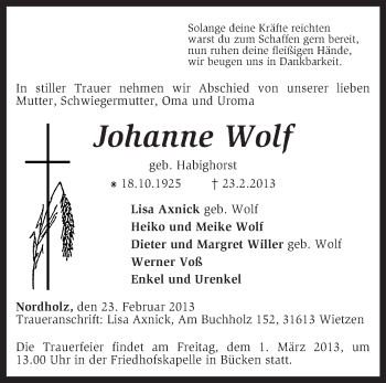 Traueranzeige von Johanne Wolf von KRZ