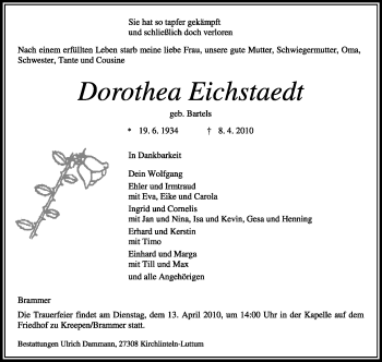 Traueranzeige von Dorothea Eichstaedt von KREISZEITUNG SYKE