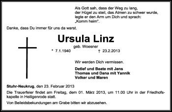 Traueranzeige von Ursula Linz von KRZ