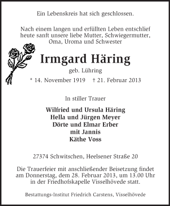 Traueranzeige von Irmgard Häring von KRZ