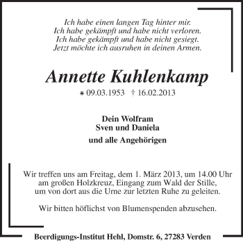 Traueranzeige von Annette Kuhlenkamp von KRZ