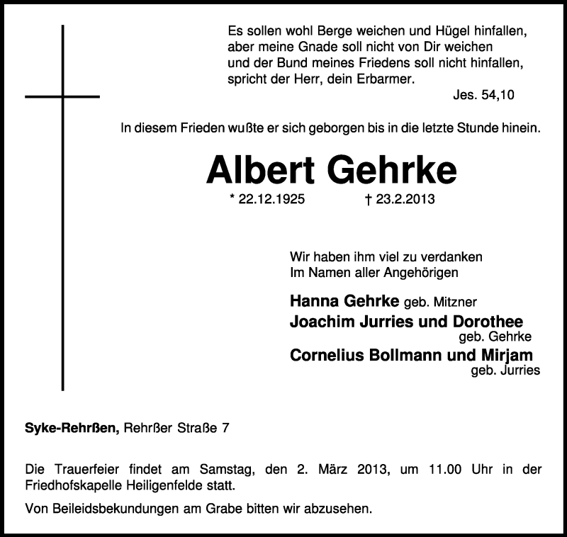  Traueranzeige für Albert Gehrke vom 26.02.2013 aus KRZ