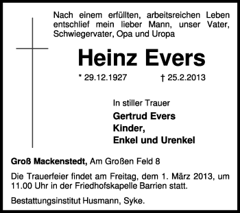 Traueranzeige von Heinz Evers von KRZ