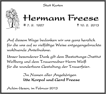 Traueranzeige von Hermann Freese von KRZ