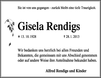 Traueranzeige von Gisela Rendigs von KRZ