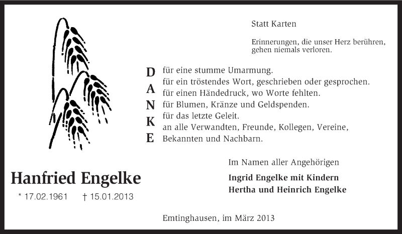  Traueranzeige für Hanfried Engelke vom 02.03.2013 aus KRZ
