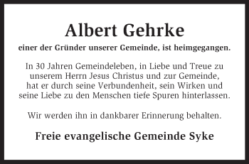 Traueranzeige von Albert Gehrke von KRZ