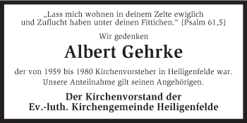 Traueranzeige von Albert Gehrke von KRZ