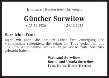 Traueranzeige von Günther Surwilow von KRZ