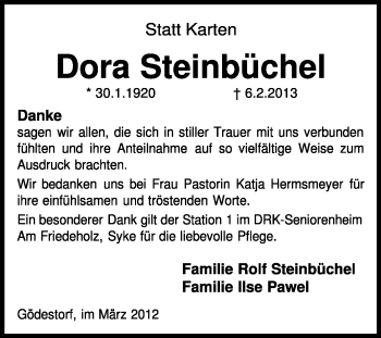 Traueranzeige von Dora Steinbüchel von KRZ