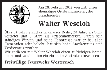 Traueranzeige von Walter Weseloh von KRZ